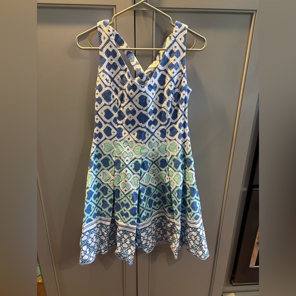 Taylor Blue White Green Lilly Vibes Sleeveless A-Line Dress sz 4 - Picture 1 of 4